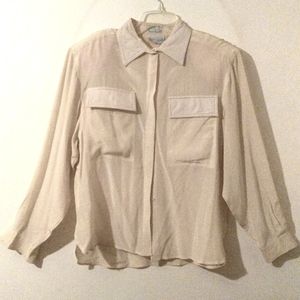 Studio 1201 Mercedes + Adrian silk and leather long sleeve button down blouse.